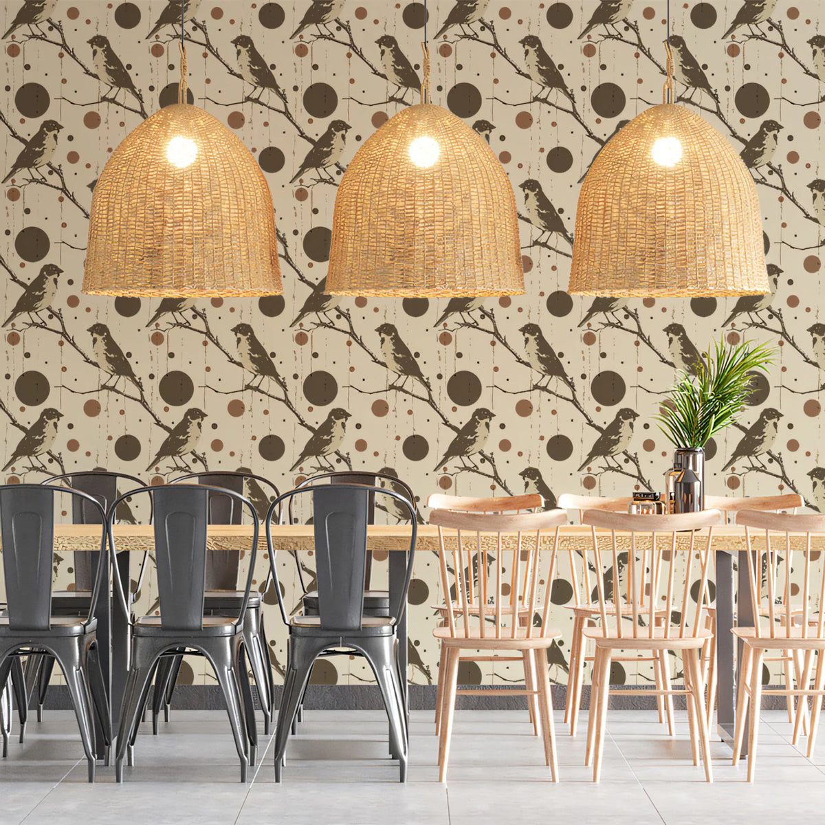 Rustic Bird & Geometric Circle Mural Wallpaper - pure wallpaper artwork