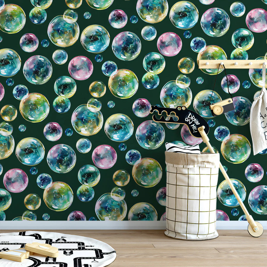 Floating Watercolor Bubble Mural Wallpaper — Deep Green Backdrop Mural Wallpaper