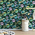 Floating Watercolor Bubble Mural Wallpaper — Deep Green Backdrop Mural Wallpaper - pure wallpaper artwork