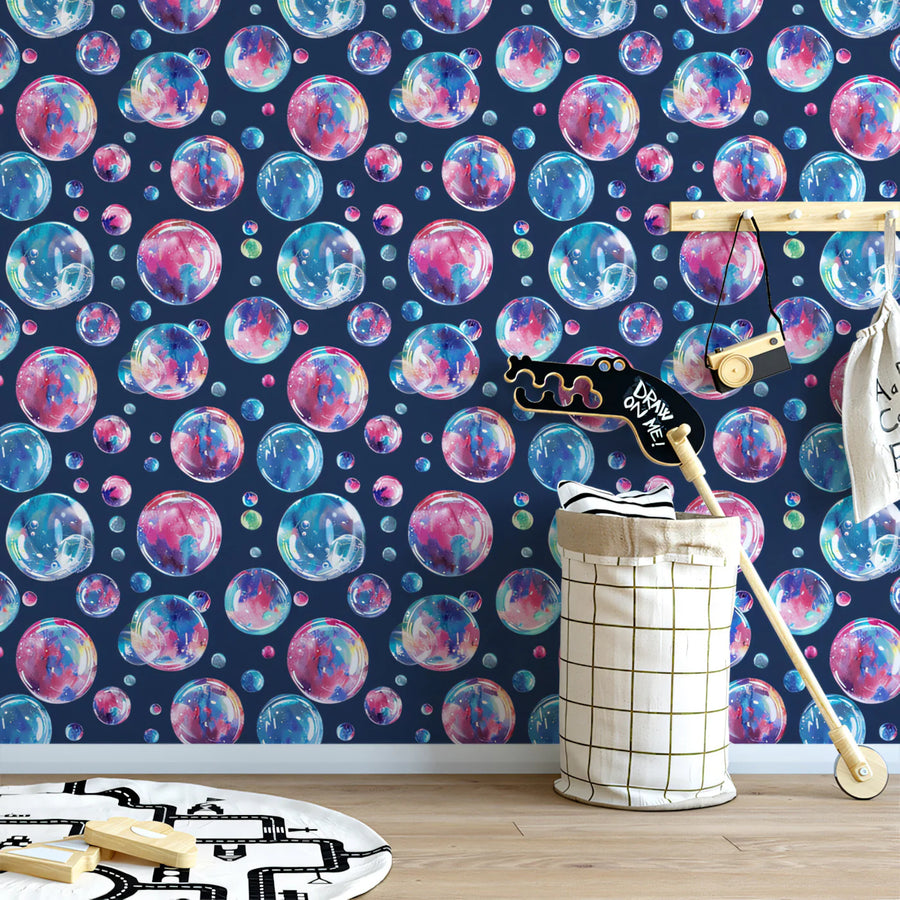 Floating Watercolor Bubbles Mural Wallpaper — Deep Navy Backdrop Mural Wallpaper