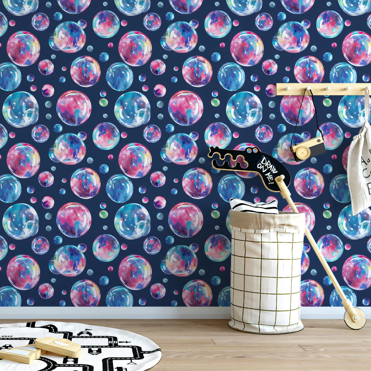 Floating Watercolor Bubbles Mural Wallpaper — Deep Navy Backdrop Mural Wallpaper - pure wallpaper artwork