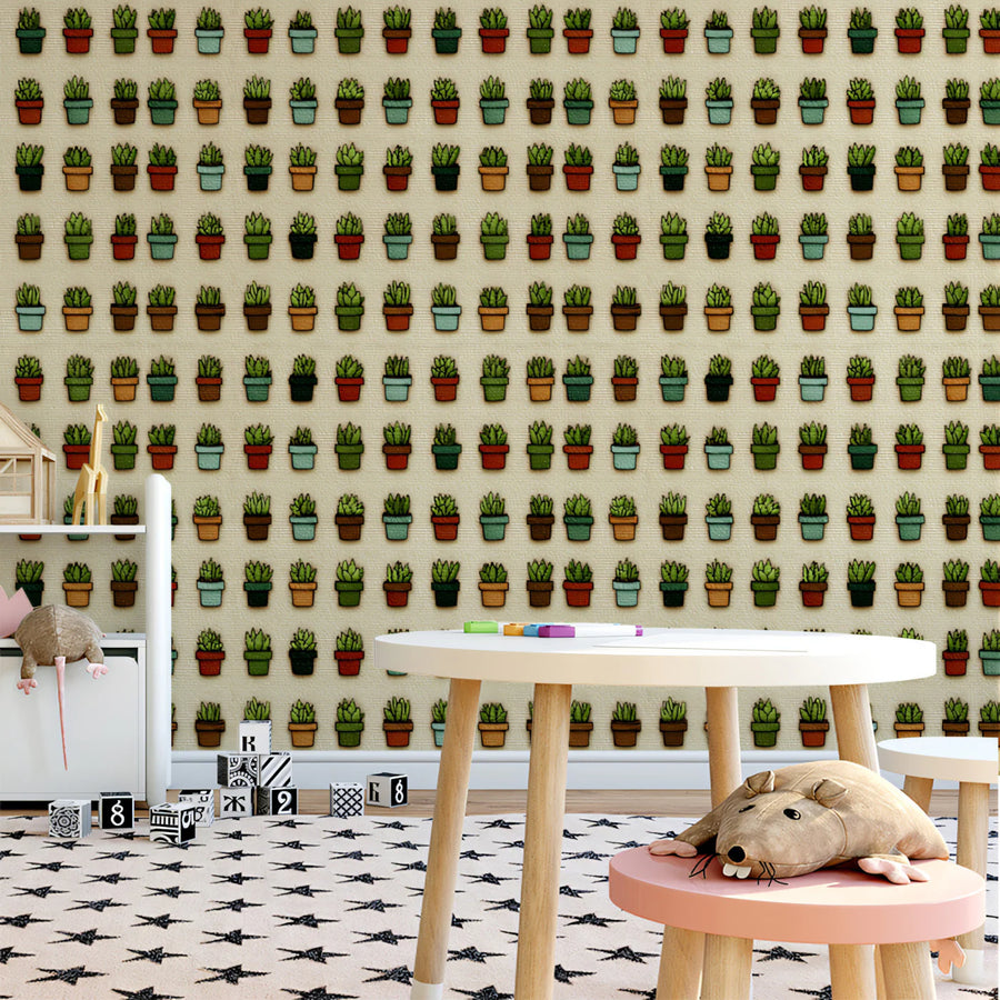 Potted Succulent Grid Mural Wallpaper —Whimsical Botanical Pattern Mural Wallpaper