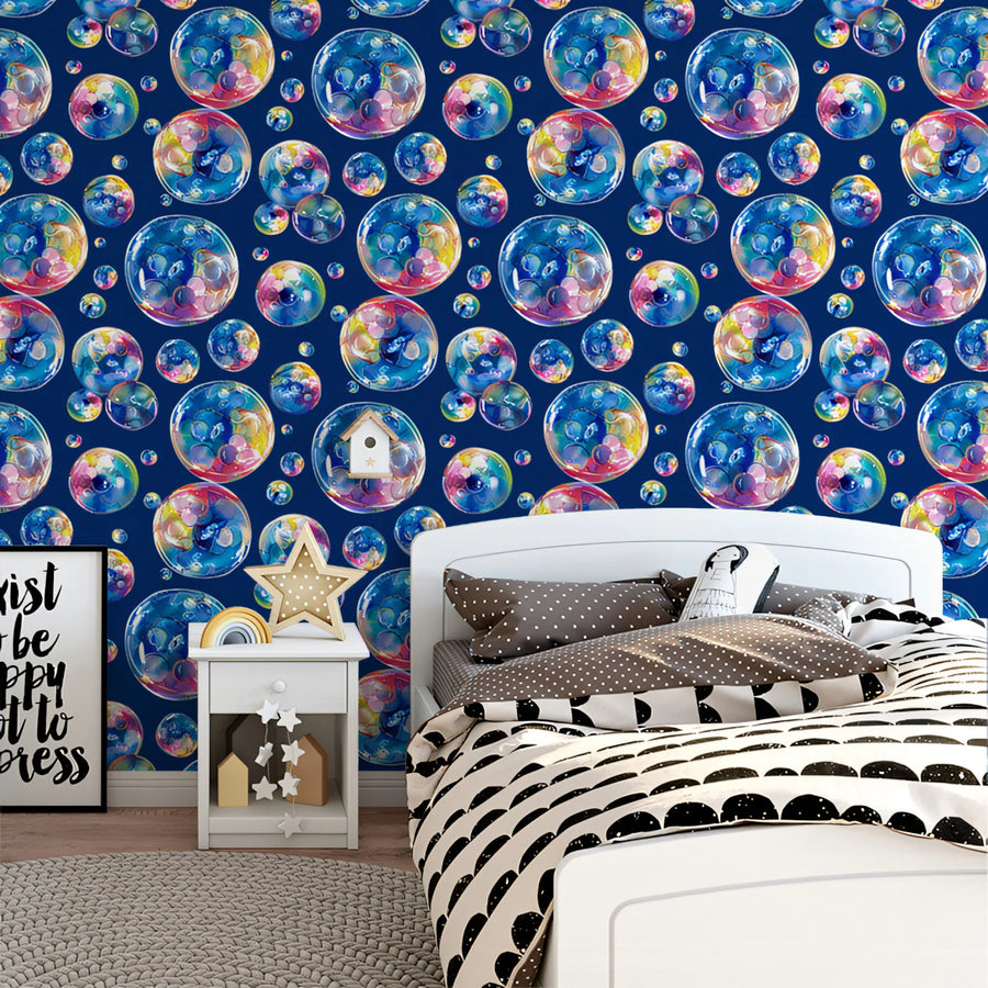 Floating Watercolor Bubbles Mural Wallpaper — Playful Navy Design Mural Wallpaper