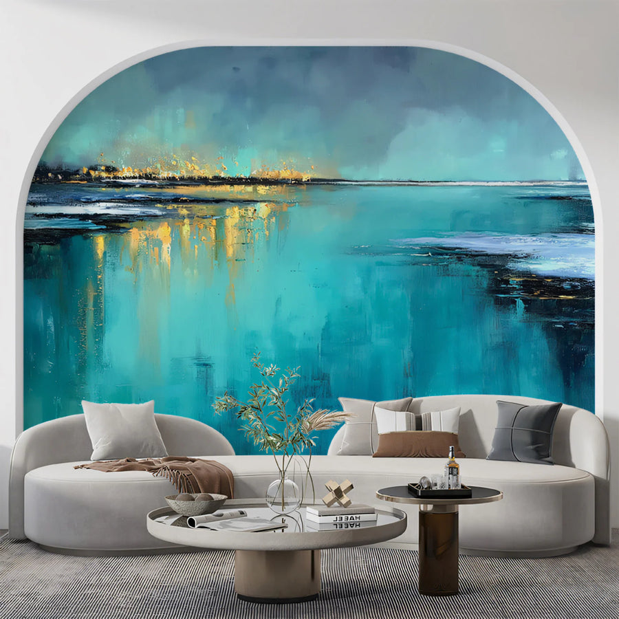 Abstract Horizon Seascape Mural Wallpaper — Impressionistic Blues Mural Wallpaper