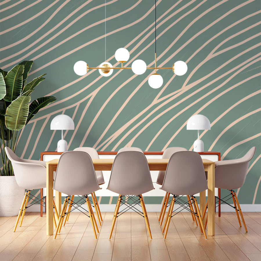 Wavy Line Mural Wallpaper in Sage Green and Soft Cream Mural Wallpaper