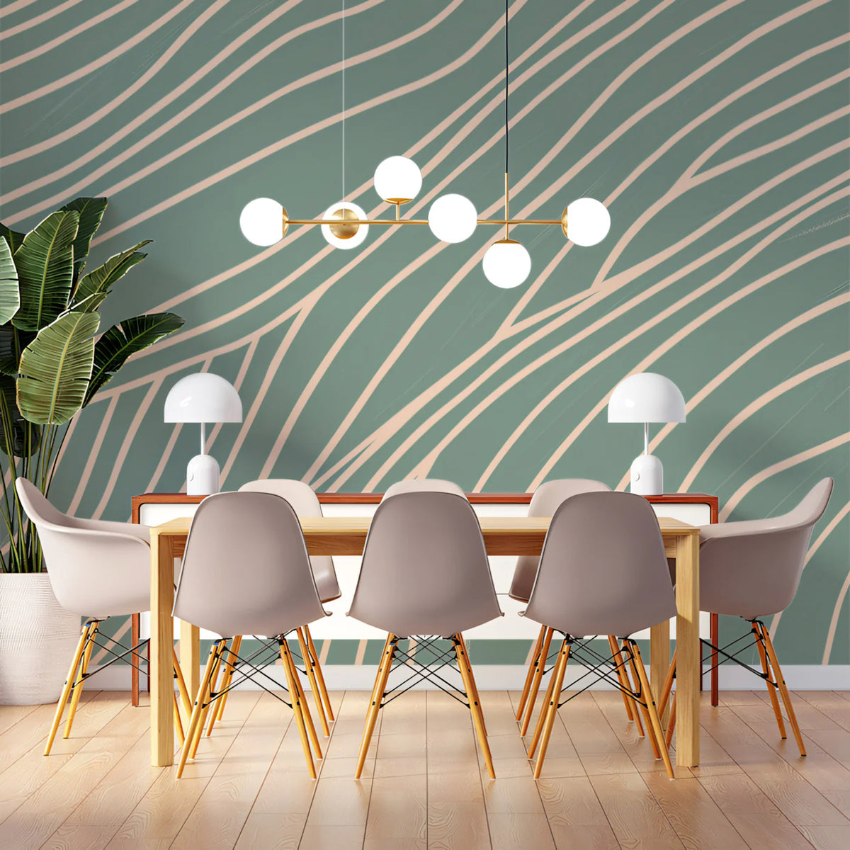 Wavy Line Mural Wallpaper in Sage Green and Soft Cream Mural Wallpaper - pure wallpaper artwork