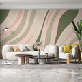 Abstract Organic Stripe Mural Wallpaper — Sage and Blush Fluid Lines Mural Wallpaper - pure wallpaper artwork