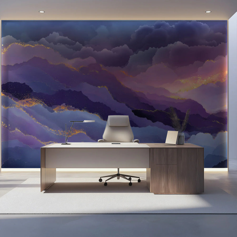 Celestial Peaks Mural Wallpaper — Abstract Purple and Gold Clouds Mural Wallpaper