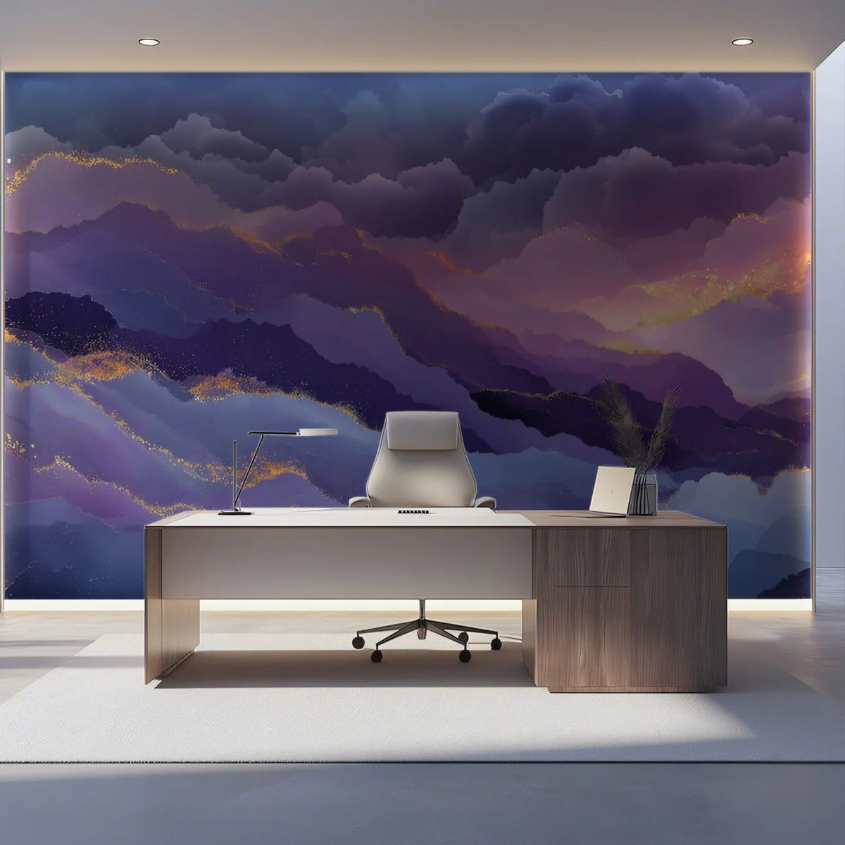 Celestial Peaks Mural Wallpaper — Abstract Purple and Gold Clouds Mural Wallpaper - pure wallpaper artwork