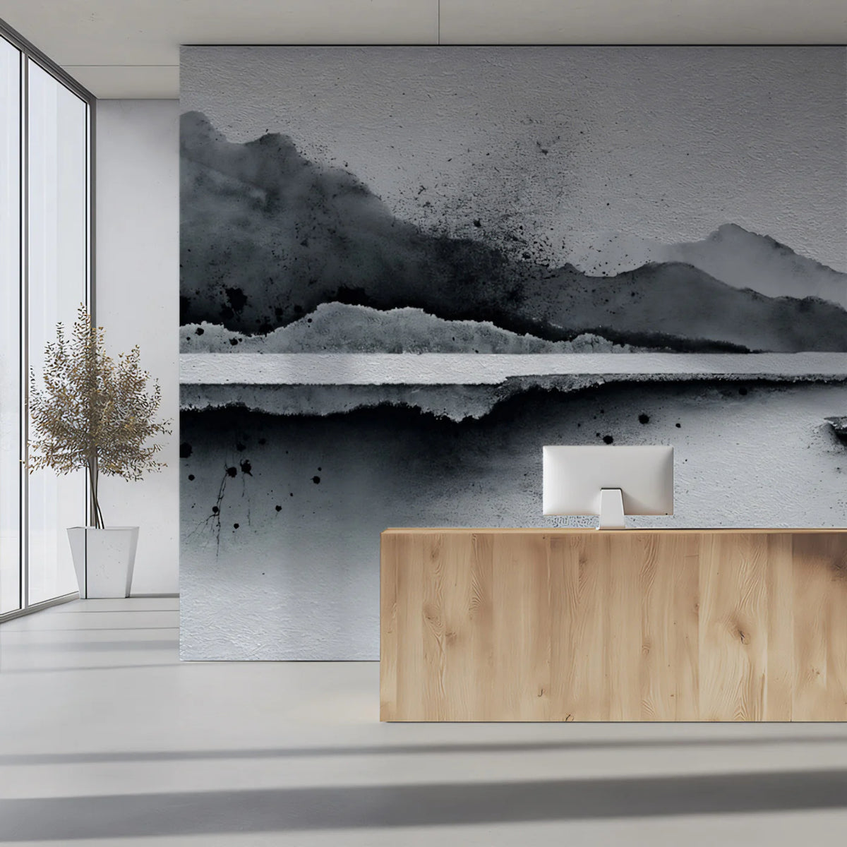 Monochrome Ink Landscape Mural Wallpaper — Abstract Artistic Design Mural Wallpaper - pure wallpaper artwork