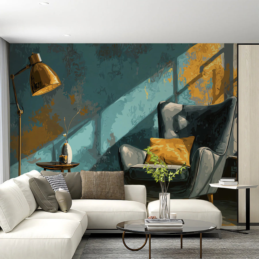 Sunlit Abstract Teal and Ochre Mural Wallpaper — Artistic Interior Mural Wallpaper