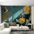 Sunlit Abstract Teal and Ochre Mural Wallpaper — Artistic Interior Mural Wallpaper - pure wallpaper artwork