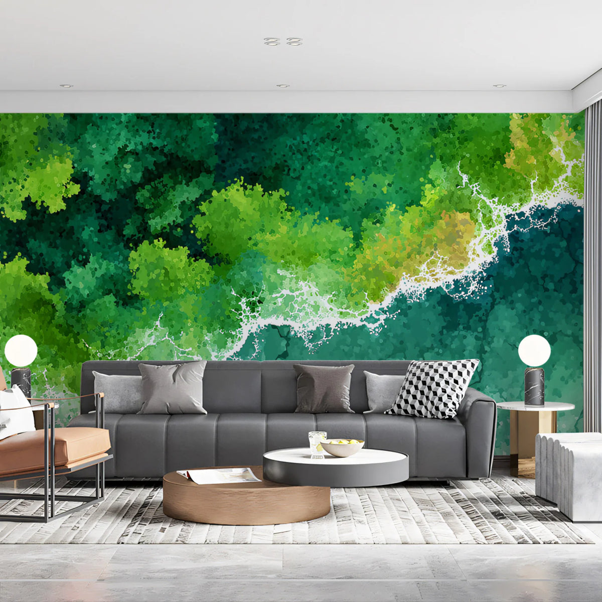 Aerial Coastline Mural Wallpaper — Impressionistic Forest and Ocean Mural Wallpaper - pure wallpaper artwork