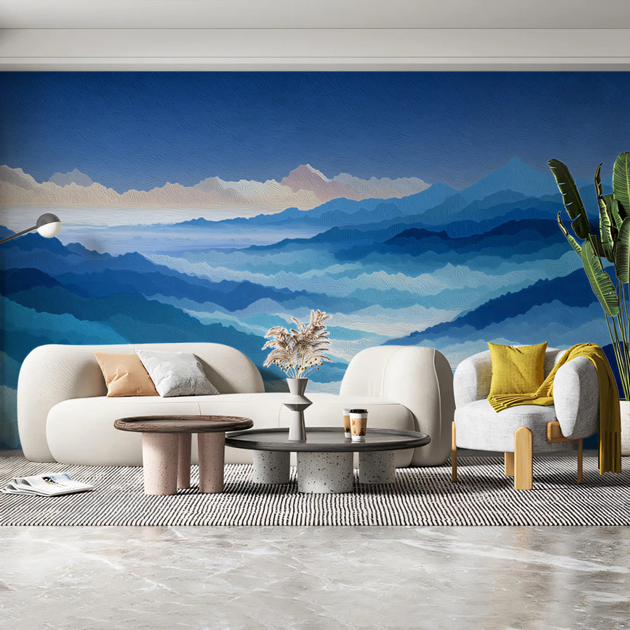 Blue Mountain Range Mural Wallpaper — Impressionistic Oil Landscape Mural Wallpaper