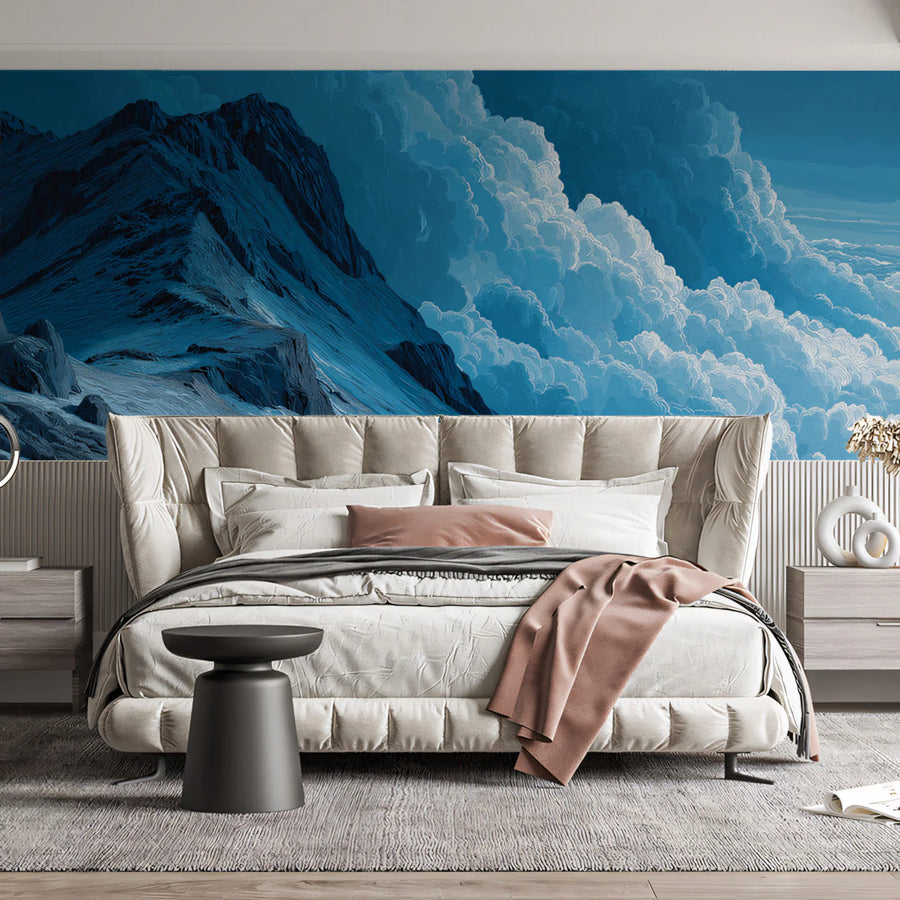 Aerial Alpine Peak Mural Wallpaper — Atmospheric Mountain Landscape Mural Wallpaper