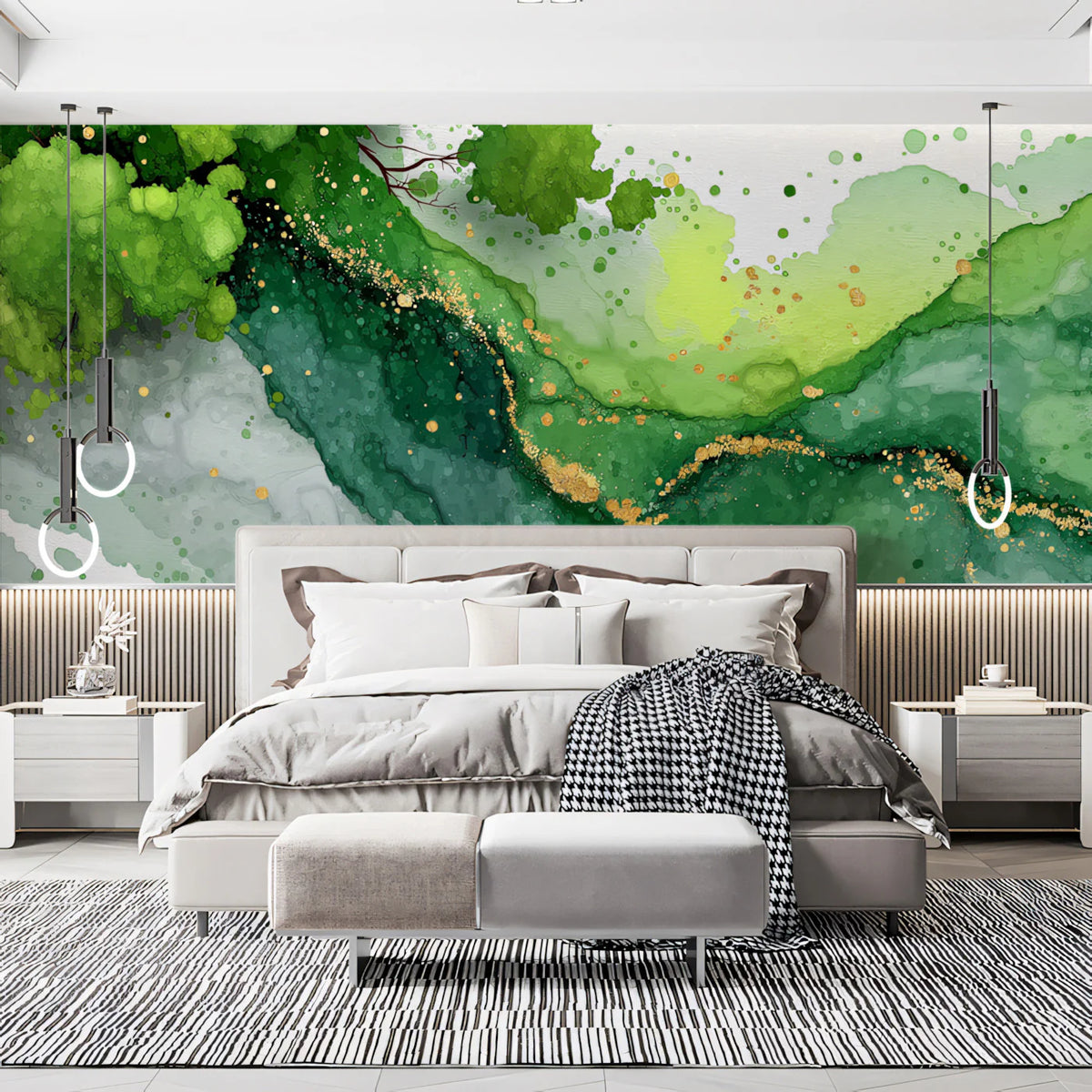 Verdant Agate Mural Wallpaper — Fluid Green and Gold Ink Art Mural Wallpaper - pure wallpaper artwork