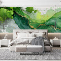 Verdant Agate Mural Wallpaper — Fluid Green and Gold Ink Art Mural Wallpaper - pure wallpaper artwork
