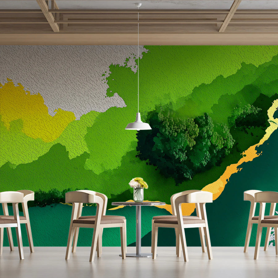Abstract Aerial River Mural Wallpaper in Vibrant Green and Ochre Mural Wallpaper