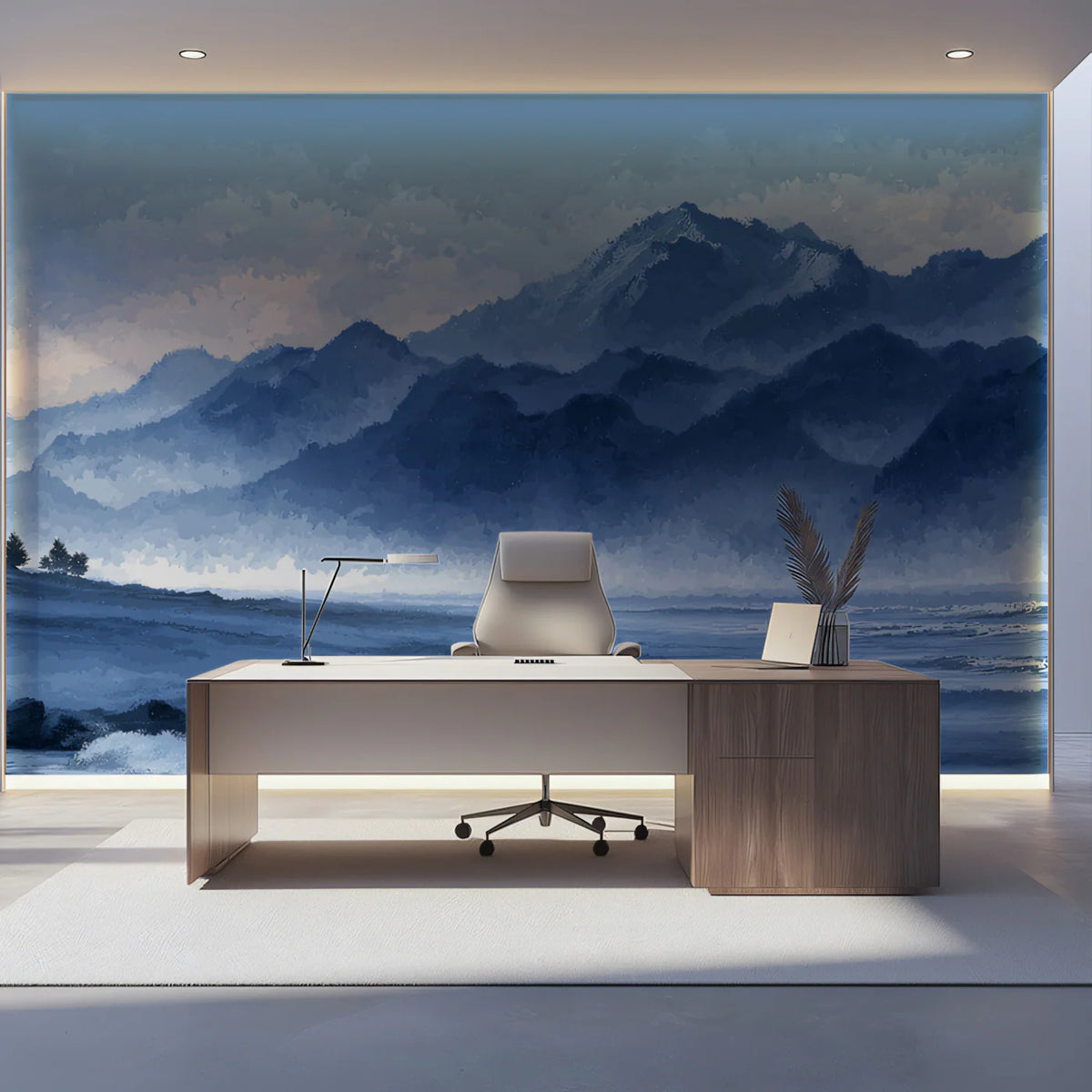 Misty Mountain Coast Mural Wallpaper — Impressionistic Blue Landscape Mural Wallpaper - pure wallpaper artwork