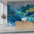 Abstract Mountain Mural Wallpaper — Vibrant Gold and Blue Landscape Mural Wallpaper - pure wallpaper artwork