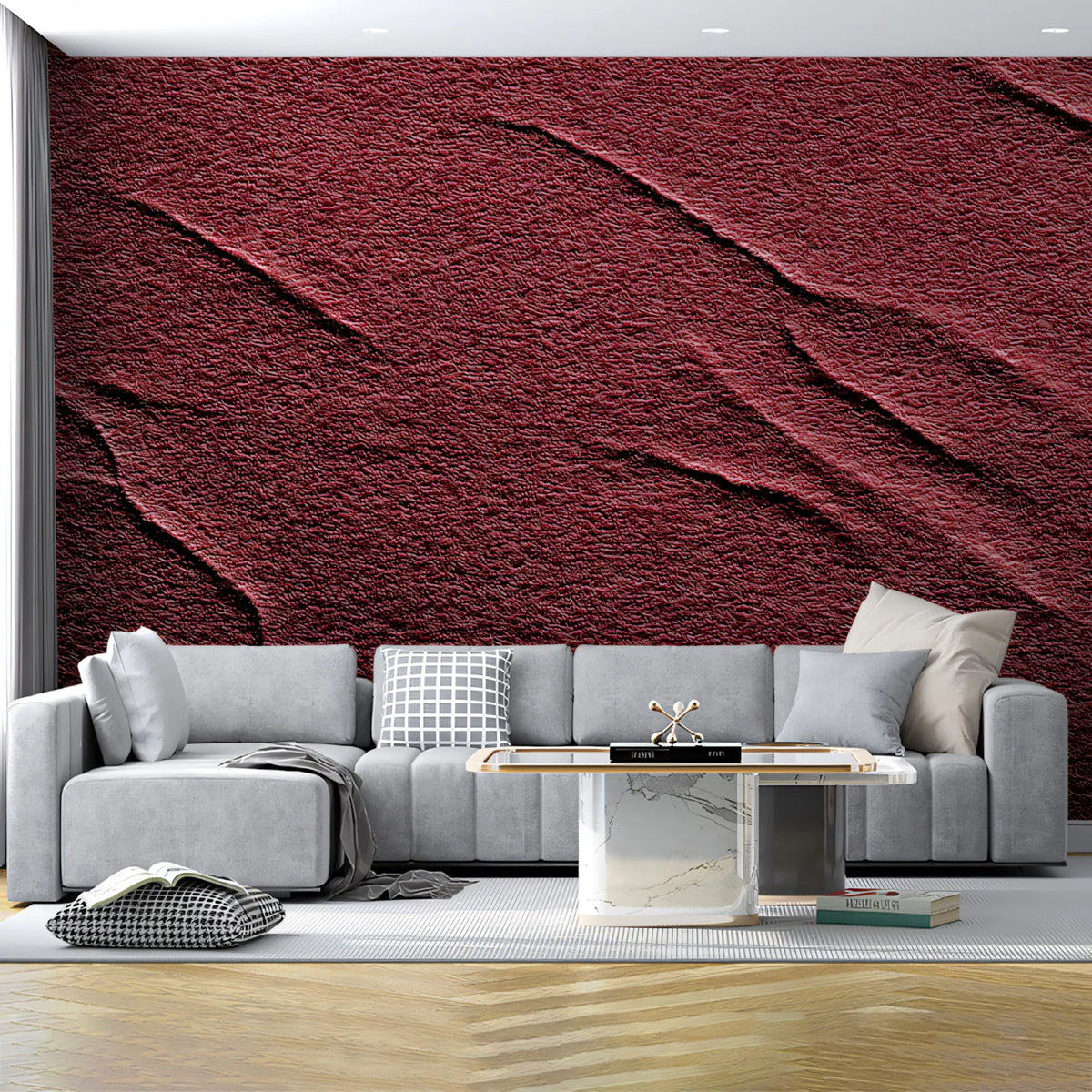 Sculptural Wavy Plaster Mural Wallpaper in Deep Burgundy Mural Wallpaper - pure wallpaper artwork