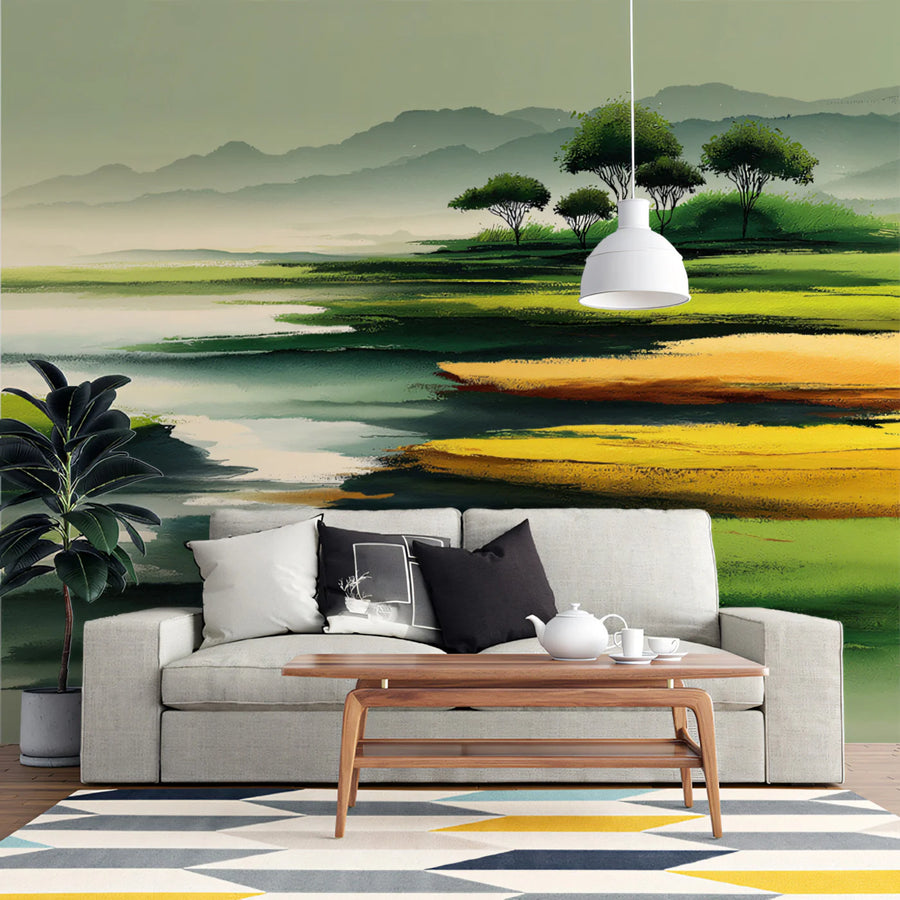 Abstract Horizon Mural Wallpaper — Painterly Pastoral Landscape Mural Wallpaper