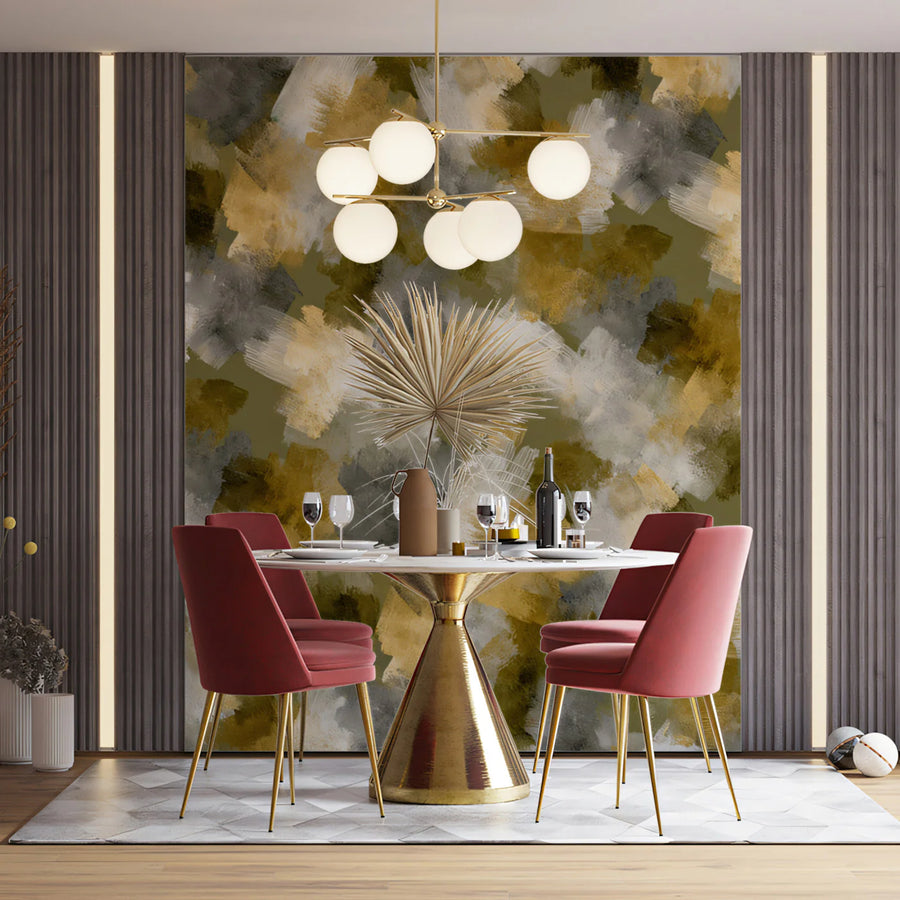 Abstract Brushstroke Mural Wallpaper — Gold and Olive Art Mural Wallpaper