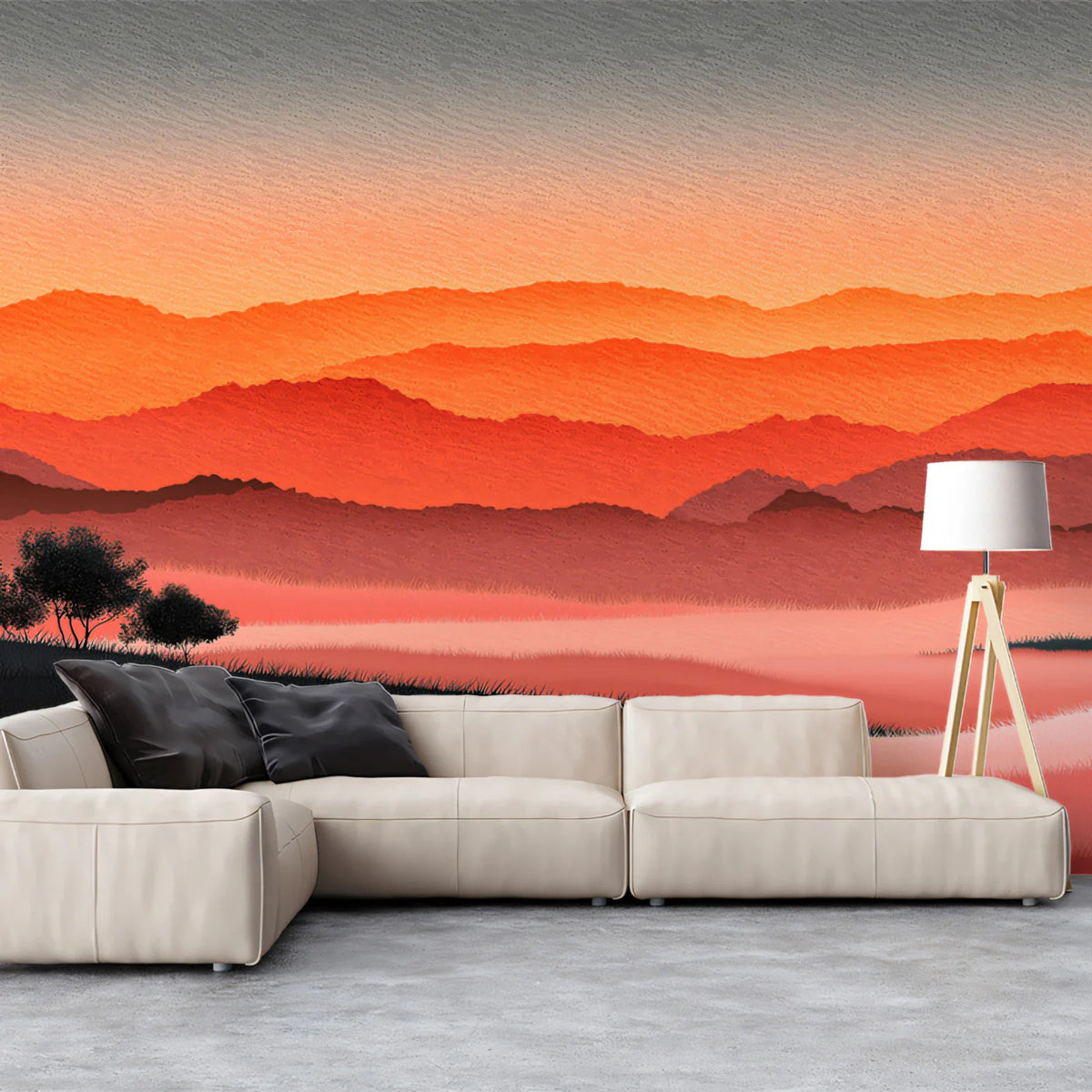 Sunset Horizon Mural Wallpaper — Layered Mountain Landscape Mural Wallpaper - pure wallpaper artwork