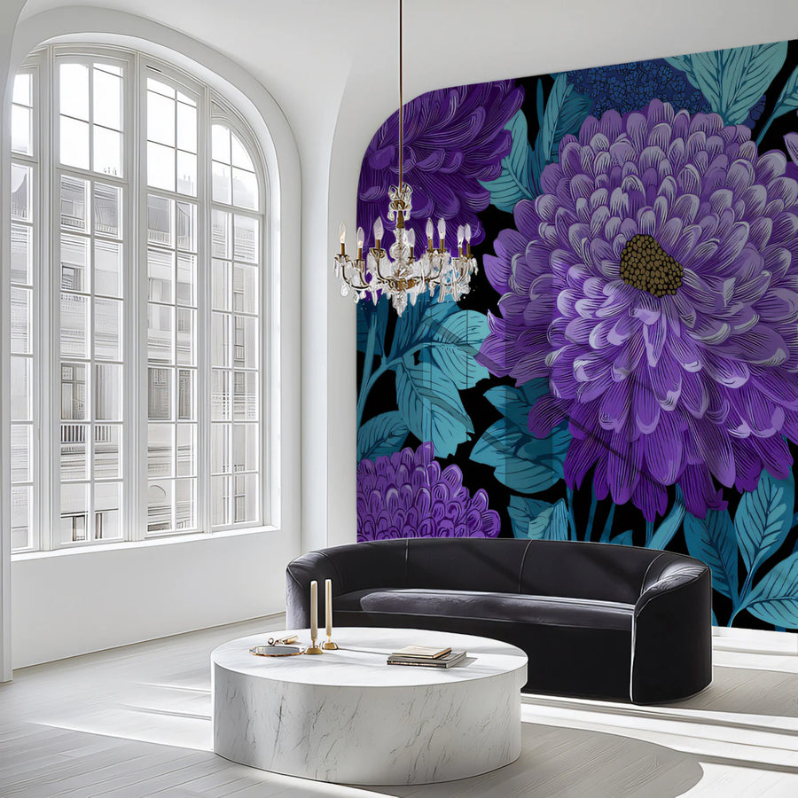 Dramatic Chrysanthemum Floral Mural Wallpaper in Purple and Teal Mural Wallpaper