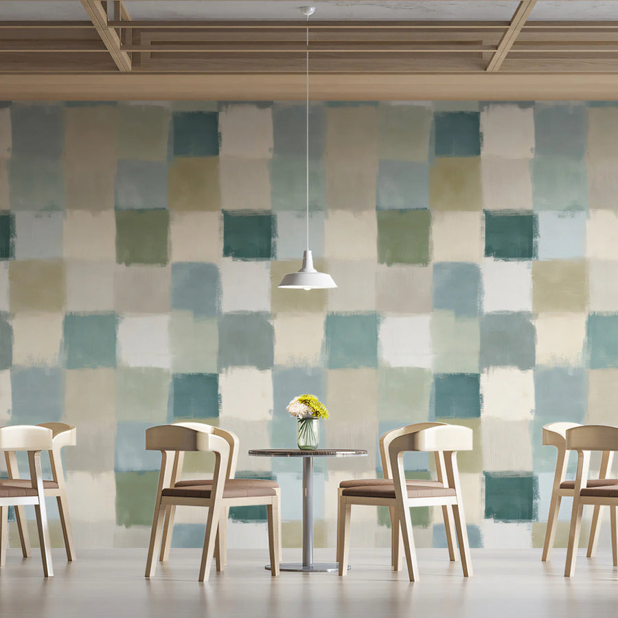 Painterly Checkered Mural Wallpaper in Muted Blue and Green Tones Mural Wallpaper