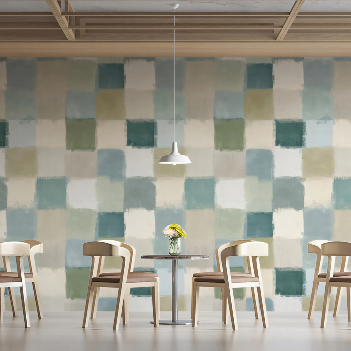 Painterly Checkered Mural Wallpaper in Muted Blue and Green Tones Mural Wallpaper - pure wallpaper artwork