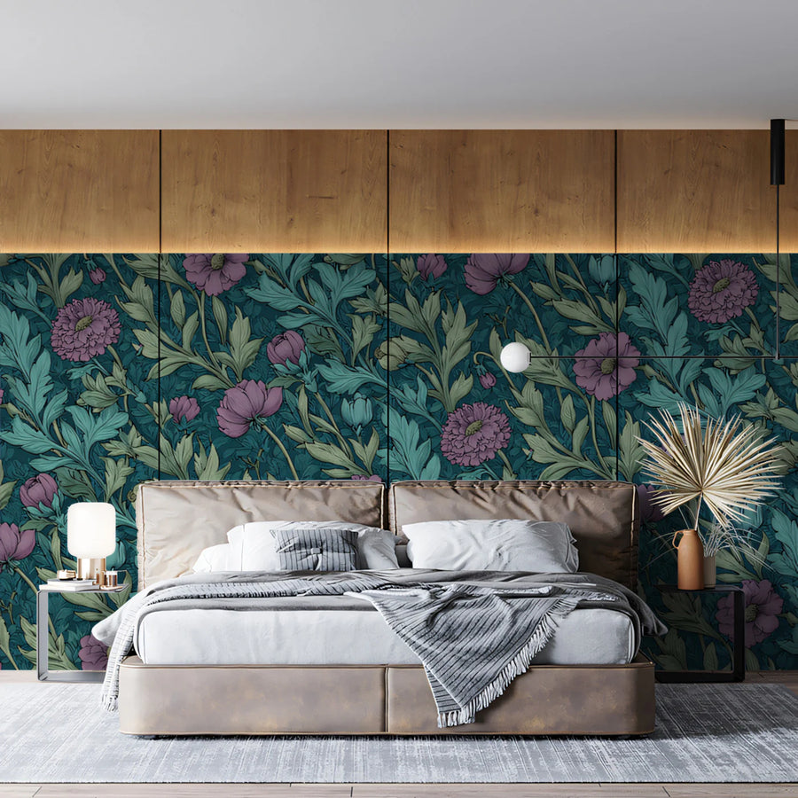 Botanical Floral Mural Wallpaper — Moody Teal and Violet Pattern Mural Wallpaper