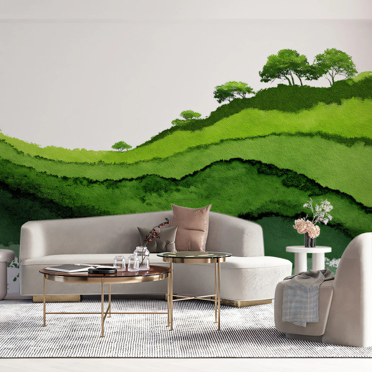 Abstract Green Hillside Mural Wallpaper — Painterly Landscape Mural Wallpaper - pure wallpaper artwork
