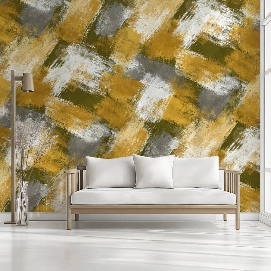 Woven Brushstroke Mural Wallpaper in Ochre and Olive Mural Wallpaper