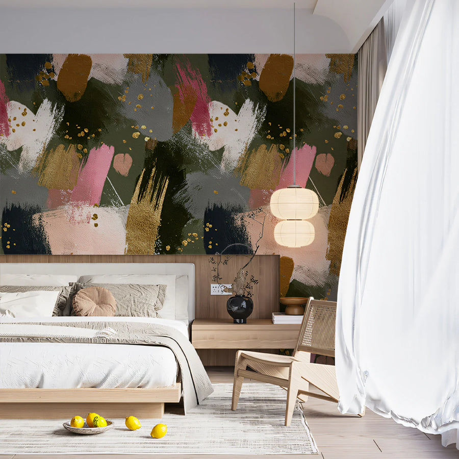Abstract Brushstroke Mural Wallpaper in Olive, Pink and Gold Mural Wallpaper
