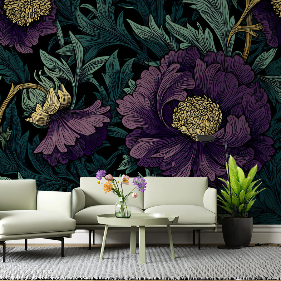 Vintage Floral Mural Wallpaper in Plum and Teal — Moody Botanical Mural Wallpaper