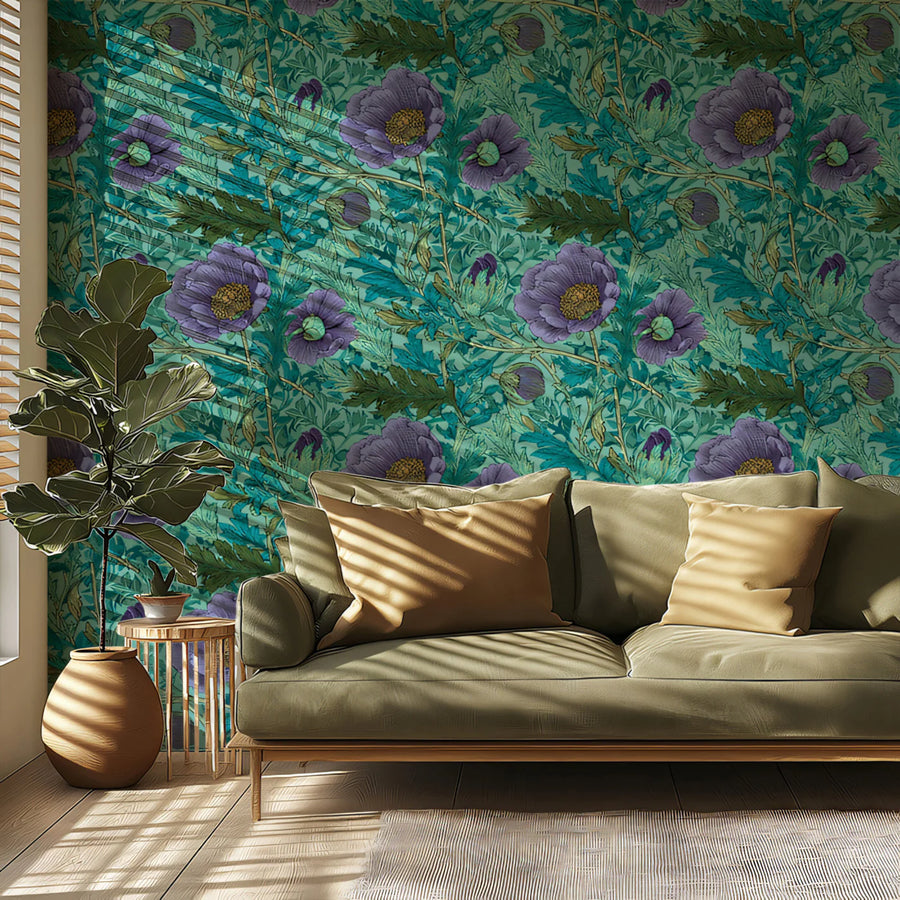 Vintage Botanical Floral Mural Wallpaper — Moody Teal and Purple Mural Wallpaper