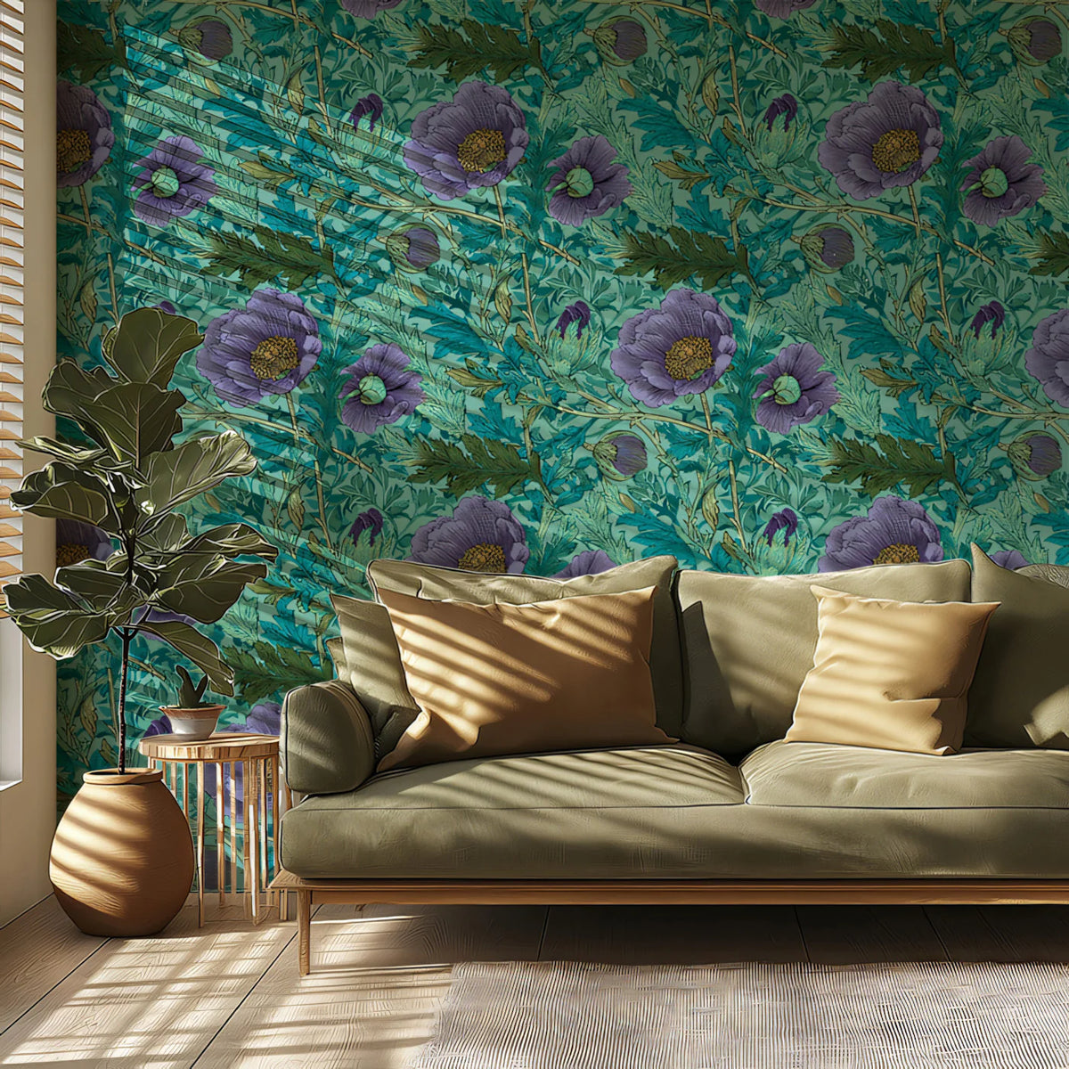 Vintage Botanical Floral Mural Wallpaper — Moody Teal and Purple Mural Wallpaper - pure wallpaper artwork