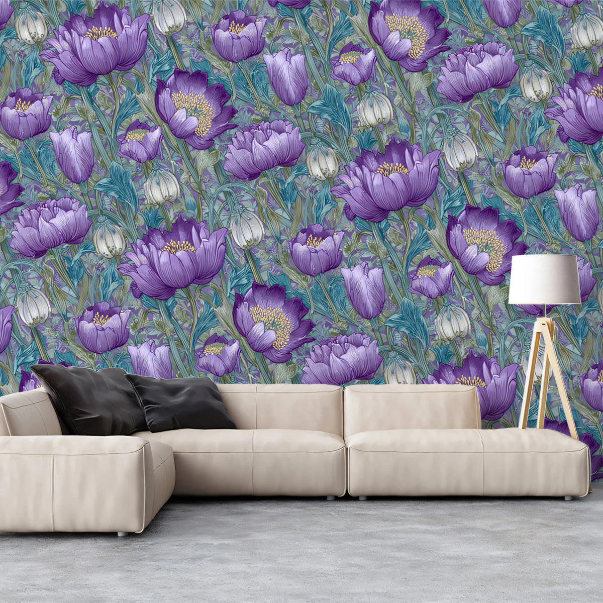 Botanical Peony Mural Wallpaper — Whimsical Violet and Teal Mural Wallpaper - pure wallpaper artwork