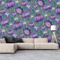 Botanical Peony Mural Wallpaper — Whimsical Violet and Teal Mural Wallpaper - pure wallpaper artwork