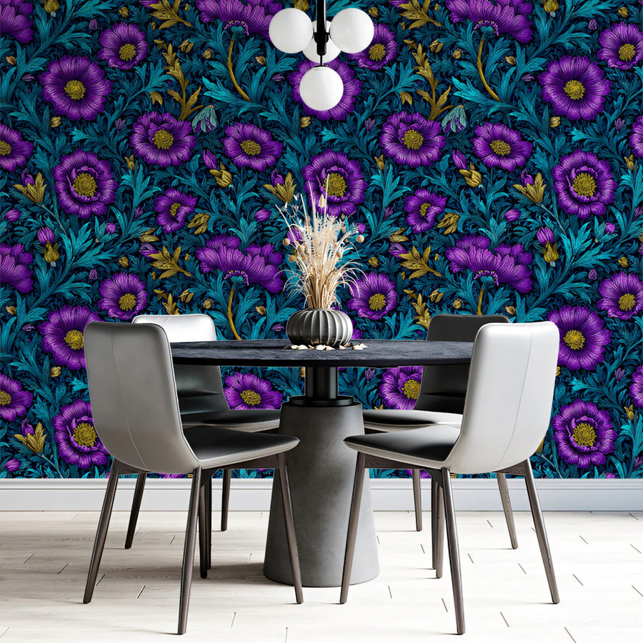 Vivid Purple and Teal Floral Mural Wallpaper — Artistic Botanical Mural Wallpaper