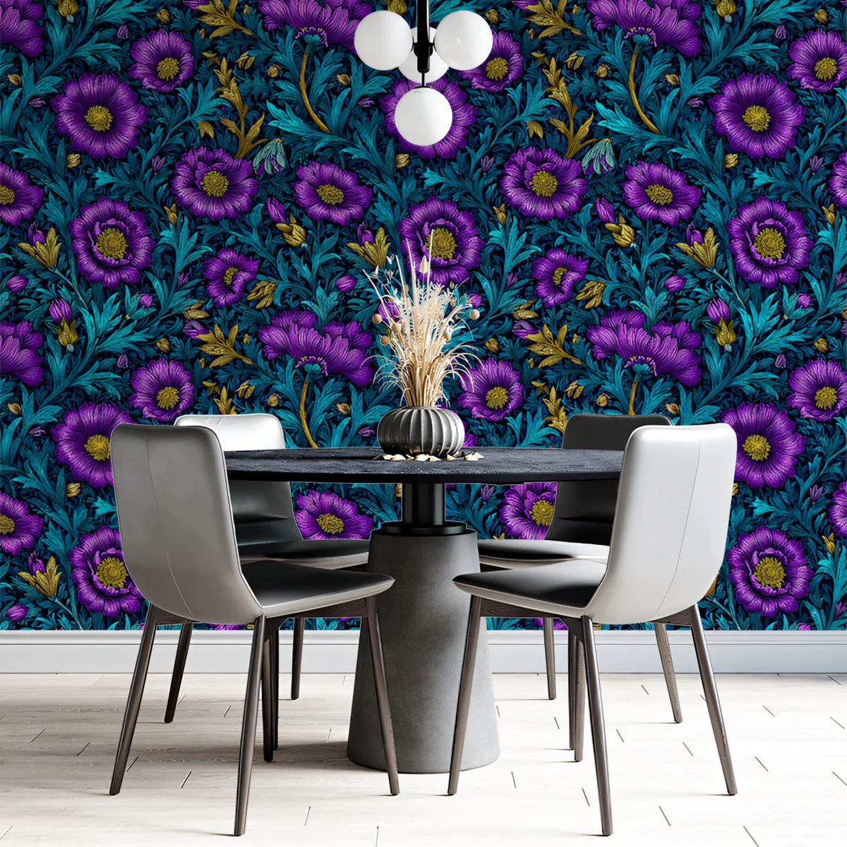 Vivid Purple and Teal Floral Mural Wallpaper — Artistic Botanical Mural Wallpaper - pure wallpaper artwork