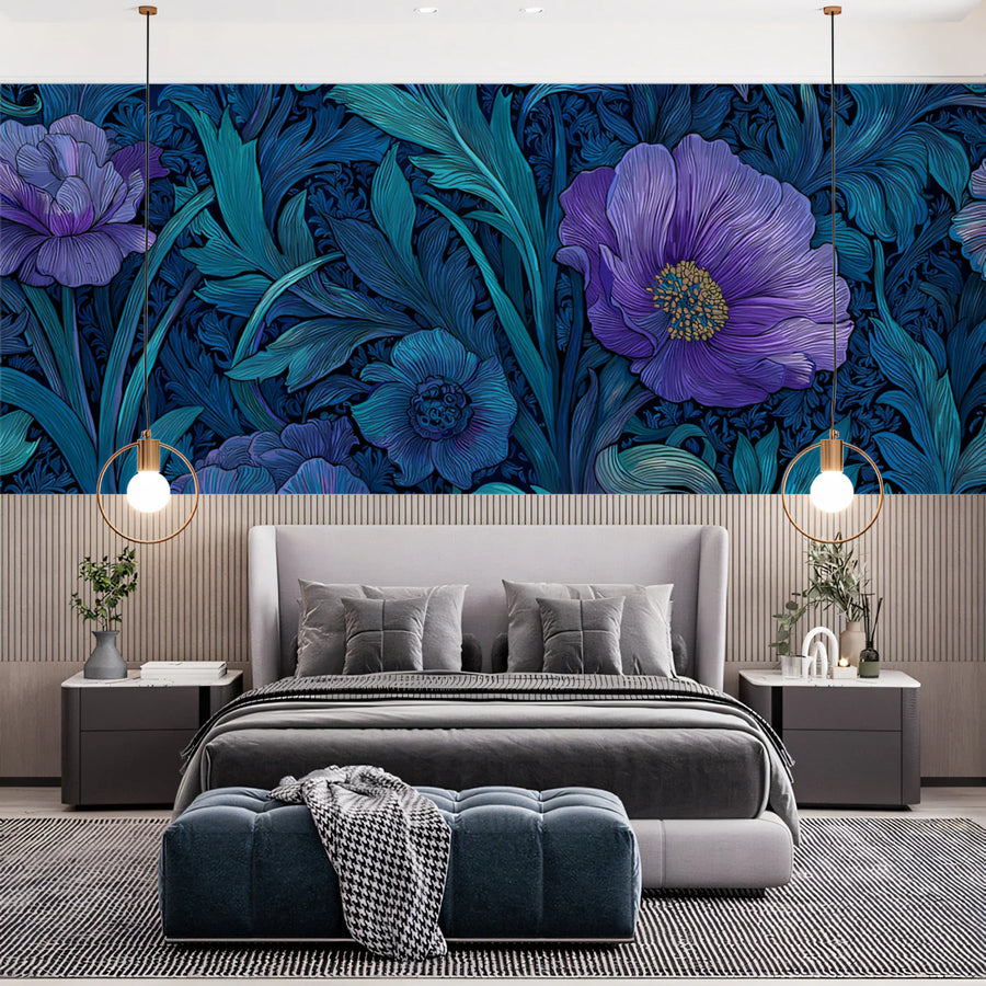 Art Nouveau Floral Mural Wallpaper — Deep Indigo and Violet Garden Mural Wallpaper