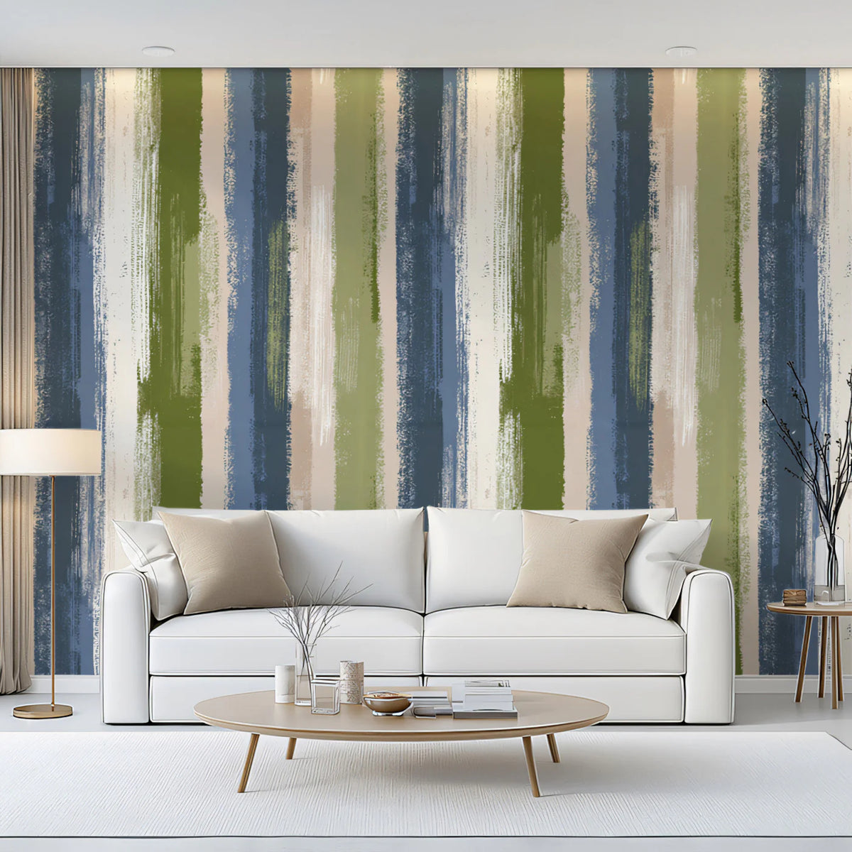 Painterly Vertical Stripe Mural Wallpaper in Olive and Blue Mural Wallpaper - pure wallpaper artwork