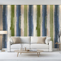 Painterly Vertical Stripe Mural Wallpaper in Olive and Blue Mural Wallpaper - pure wallpaper artwork