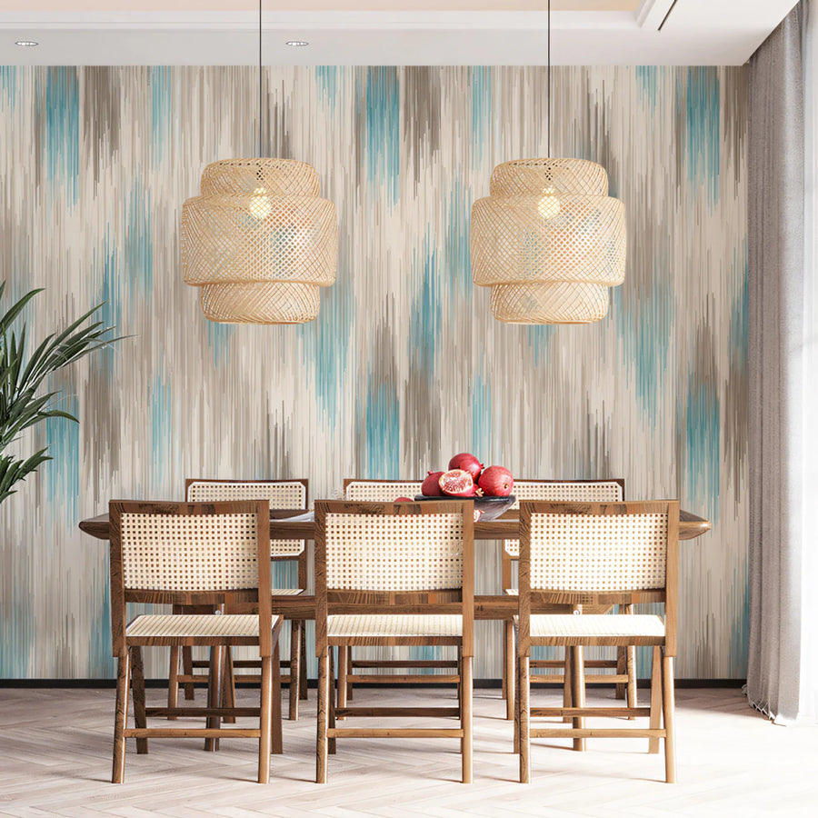 Abstract Ikat Stripe Mural Wallpaper — Soft Teal and Taupe Design Mural Wallpaper