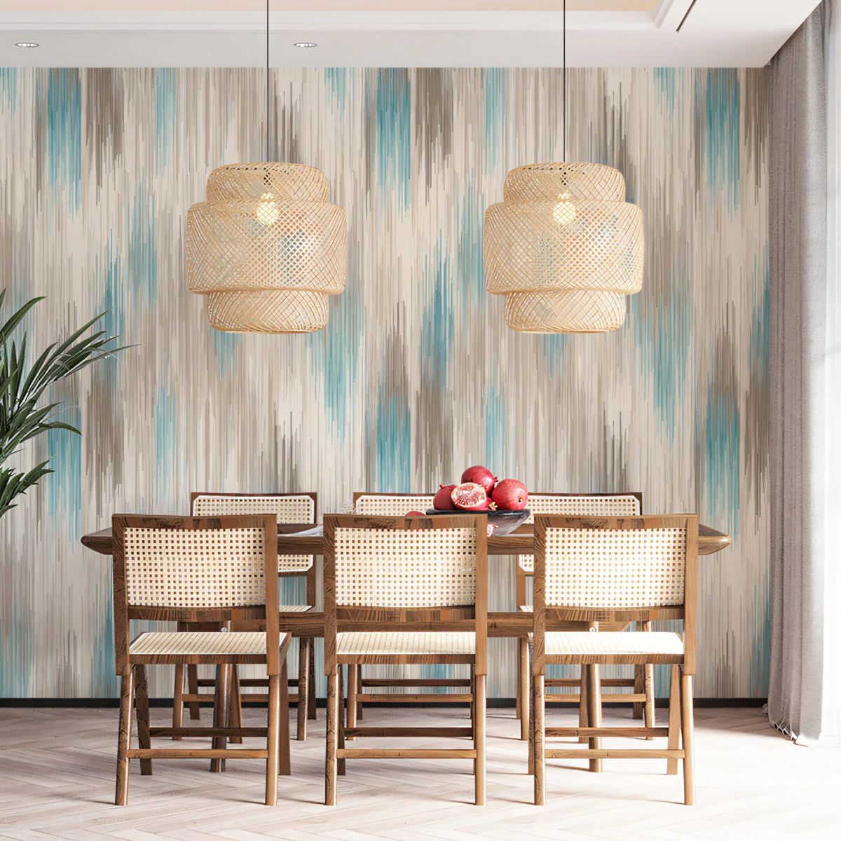 Abstract Ikat Stripe Mural Wallpaper — Soft Teal and Taupe Design Mural Wallpaper - pure wallpaper artwork