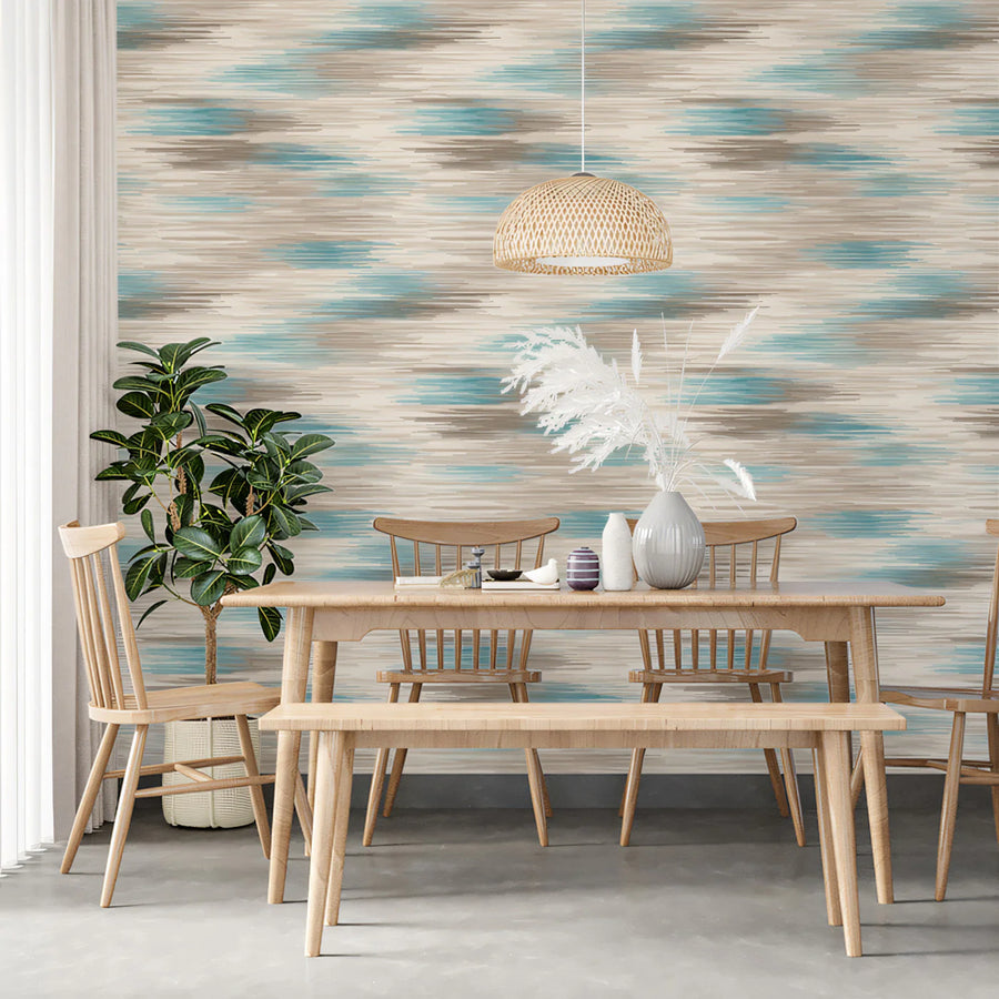 Abstract Ikat Mural Wallpaper — Soft Teal and Taupe Texture Mural Wallpaper