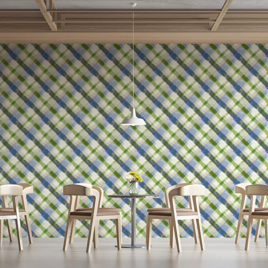 Diagonal Plaid Mural Wallpaper in Refreshing Blue and Green Mural Wallpaper