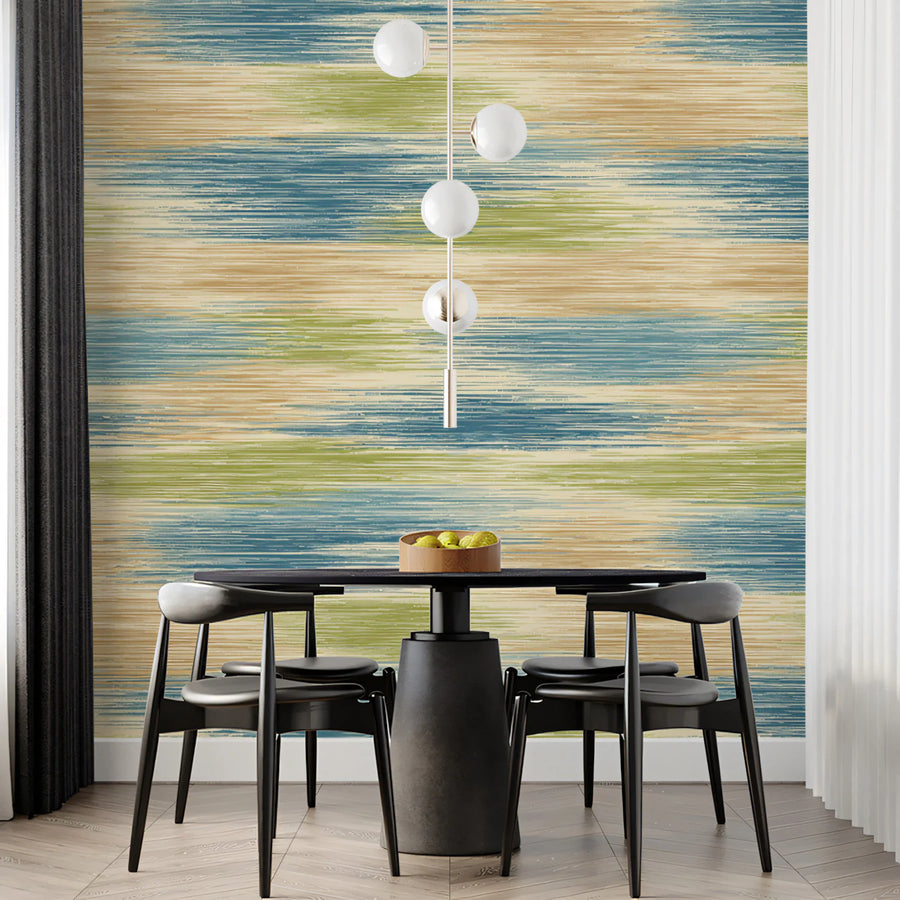 Horizontal Ikat Mural Wallpaper in Earthy Blue and Olive Tones Mural Wallpaper